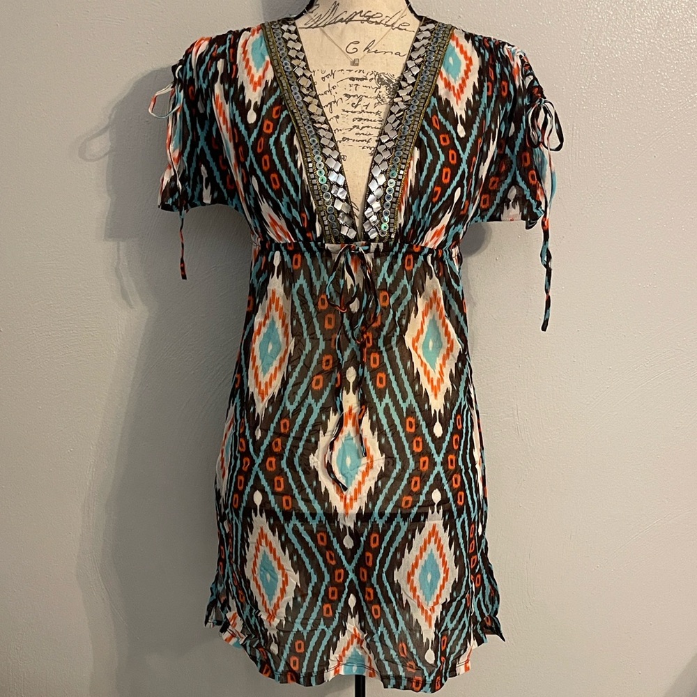 INC Beach International Concepts Southwest Print Embellished Swim Cover Size S